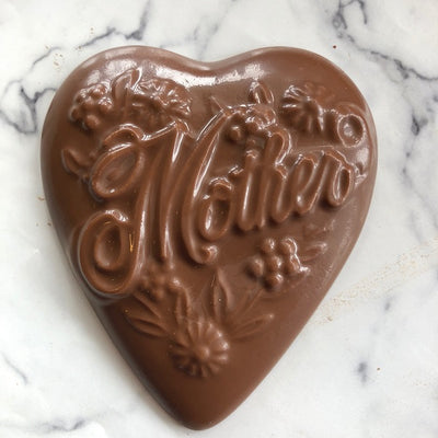 A chocolate heart for mother. Heart measures 4 inches across. Delicious, solid chocolate Mother's Day Gift