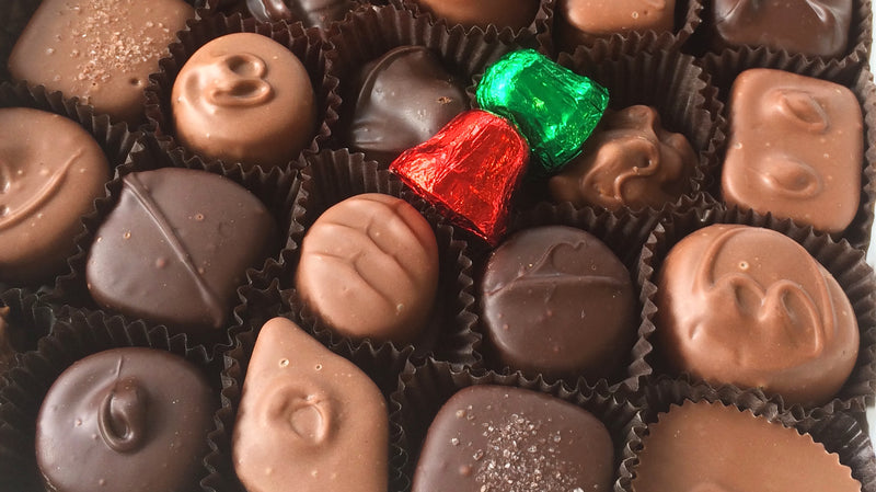 Chocolate Assortment with nuts, creams, caramels, and decorative bells