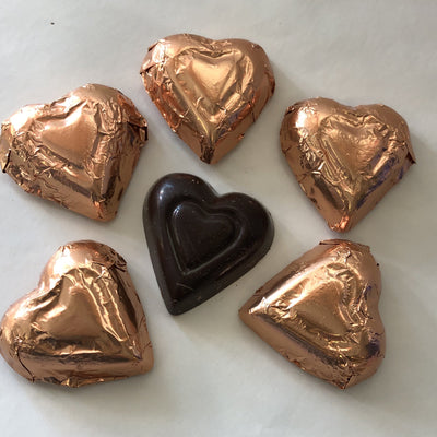Semi sweet dark chocolate hearts wrapped in bronze foil
