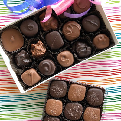 Two boxes of popular chocolates- Assorted chocolates and seasalt caramels