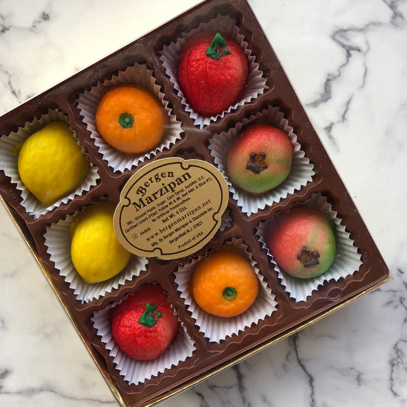 Nine piece box of fruit shaped marzipan